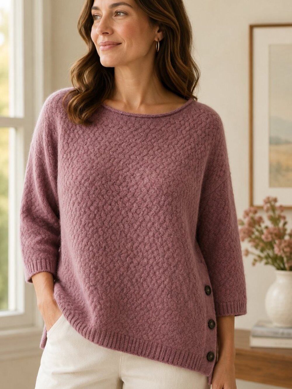 Garnet Hill 100% Cashmere Basketweave Boxy Sweater Mauve Pink Large